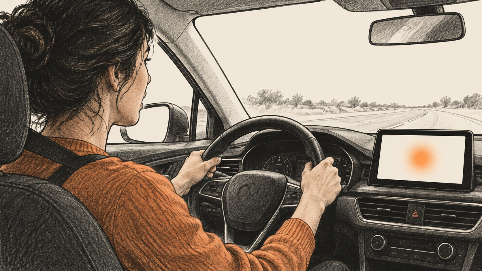Conceptual charcoal illustration viewed over a driver's shoulder: both hands hold the wheel, and an unbranded center display shows a soft orange glow.