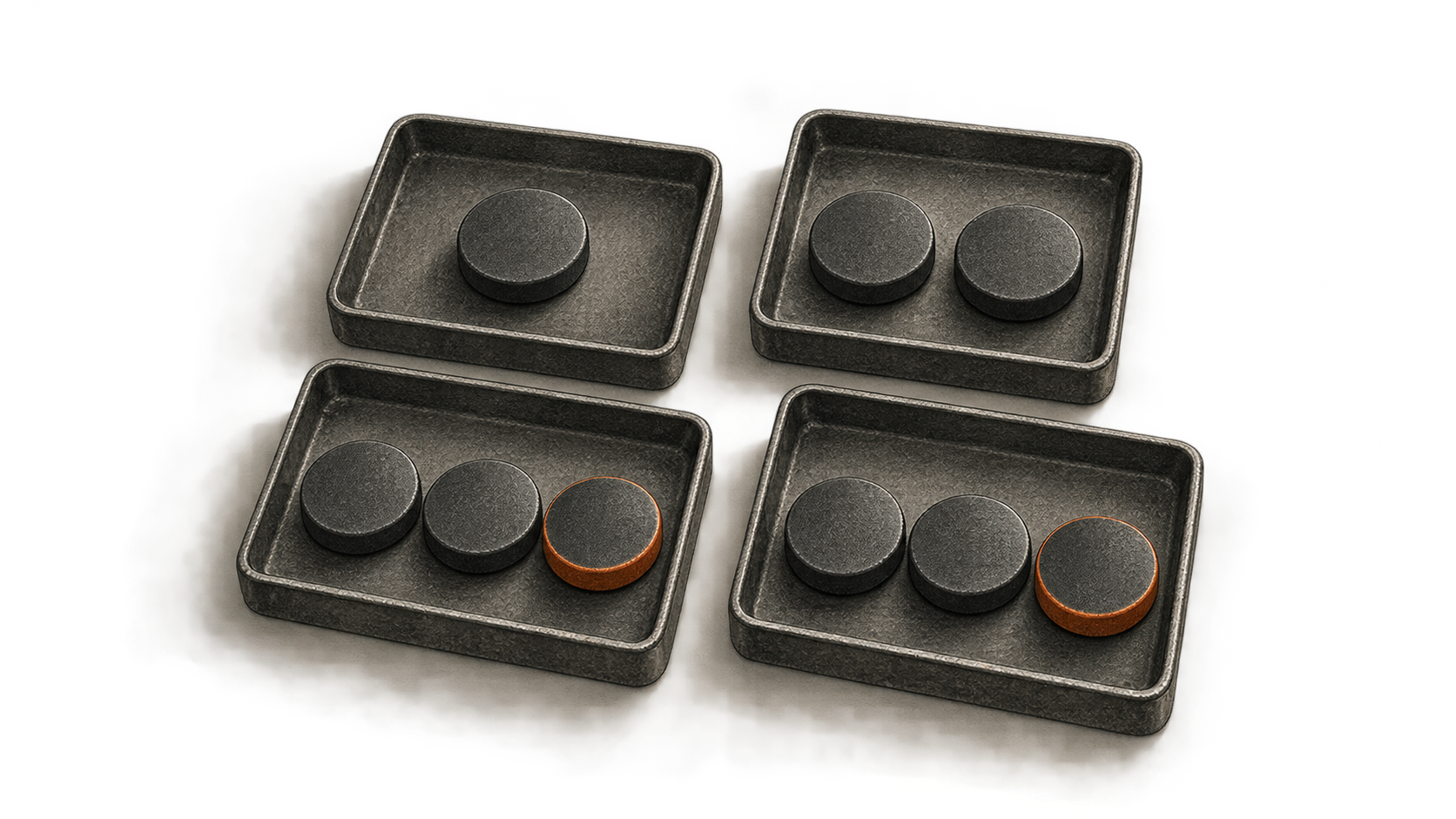 Four charcoal trays hold one, two, three and three round tokens; the third token in each of the final two trays has an orange edge.
