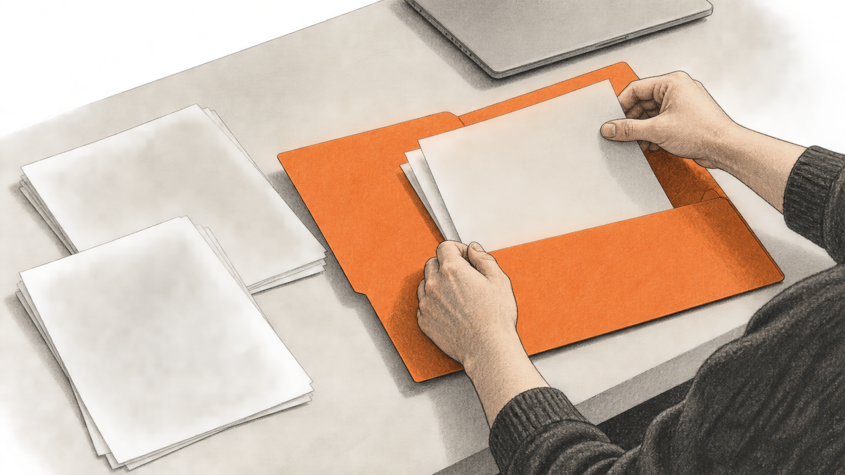 Conceptual charcoal illustration of two hands placing plain sheets into an orange folder, with more sheets and a closed laptop nearby.