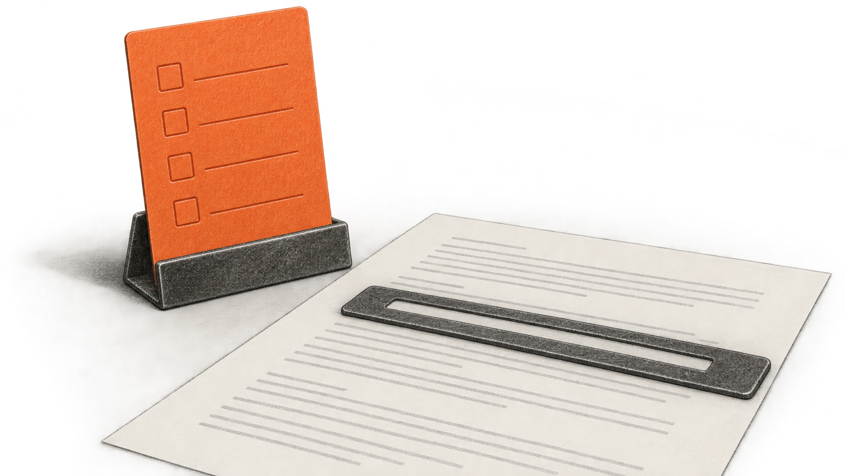 Conceptual charcoal illustration of one upright orange four-item review card beside a fresh manuscript sheet and reading ruler.