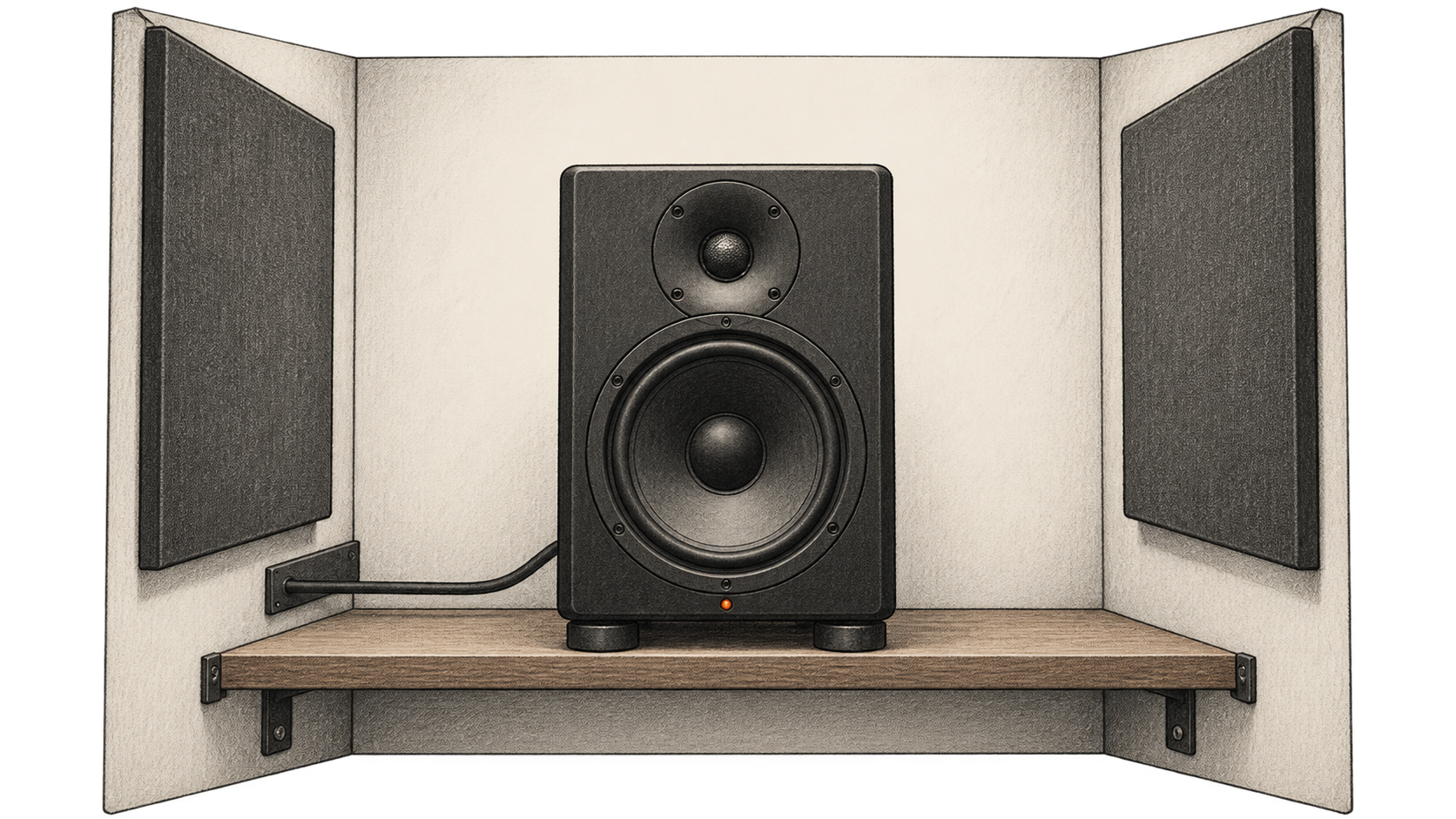 A single unbranded studio monitor sits on isolation pads on a wall-mounted shelf inside a sound-treated alcove.