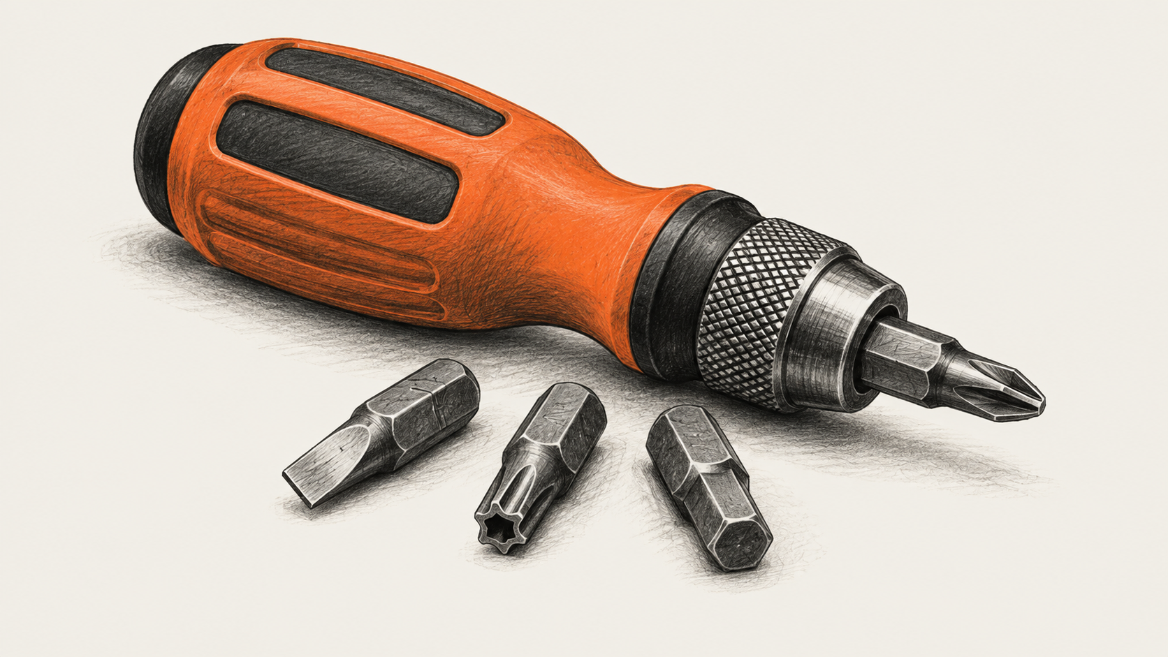 Conceptual charcoal illustration of one orange-and-black manual bit-driver with an inserted crosshead bit and three separate metal attachments beside it.
