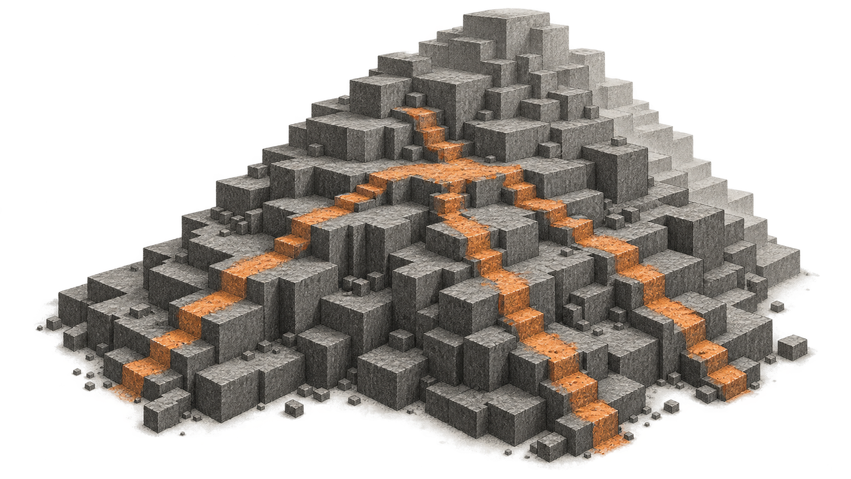 Conceptual charcoal illustration of several orange paths winding across a stepped block terrain and meeting partway up.