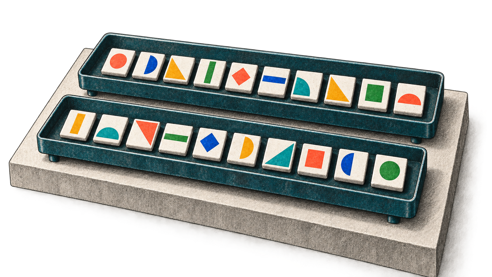 Two separate teal trays each hold ten unlabeled ceramic tiles marked by varied colorful shapes.