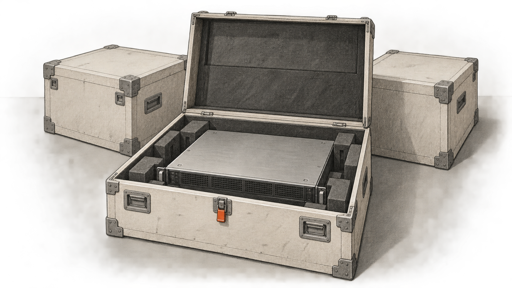 Conceptual charcoal illustration of an unbranded rackmount computer nested in an open protective equipment crate, with two closed crates behind it.