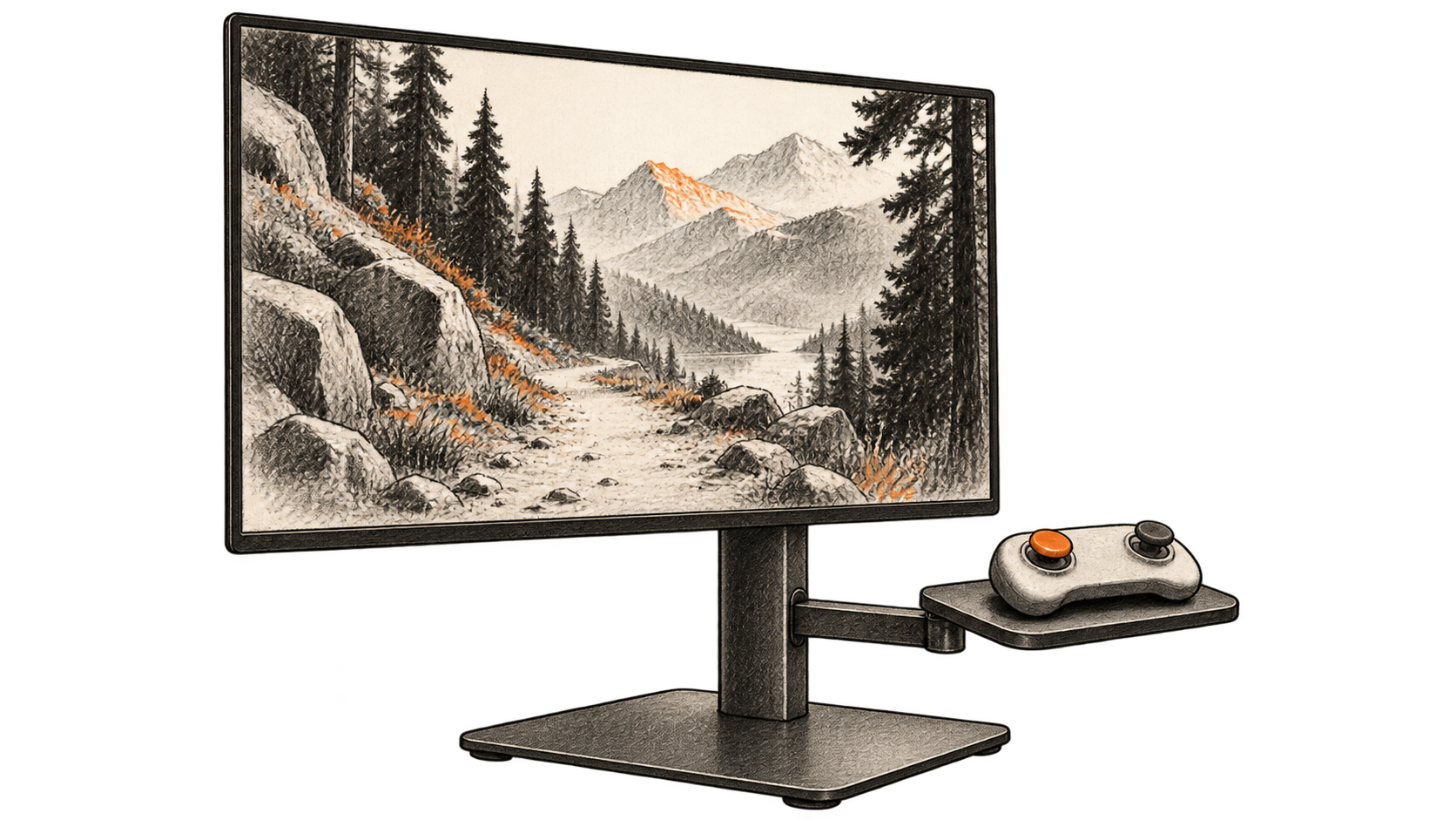 Conceptual charcoal illustration of a landscape path on an unbranded display, with a two-control handheld device on an attached shelf.