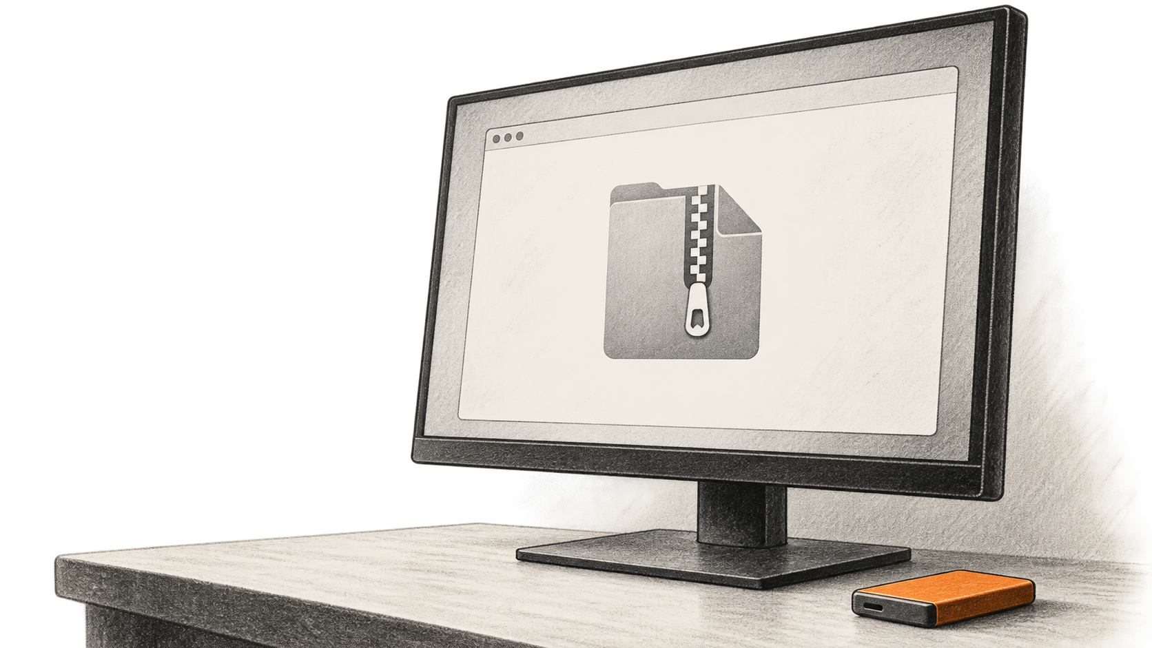 Charcoal illustration of a physical monitor showing a generic zipped-folder icon, with a small orange removable drive resting beside its stand.