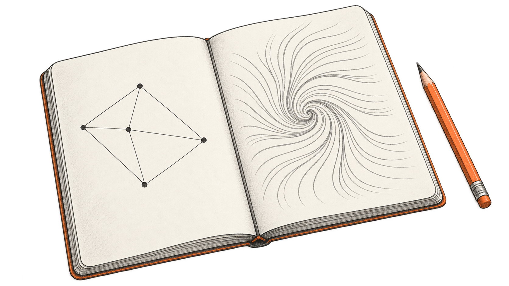 An open notebook pairs a point-and-line geometry sketch with swirling fluid lines, with an orange pencil beside it.
