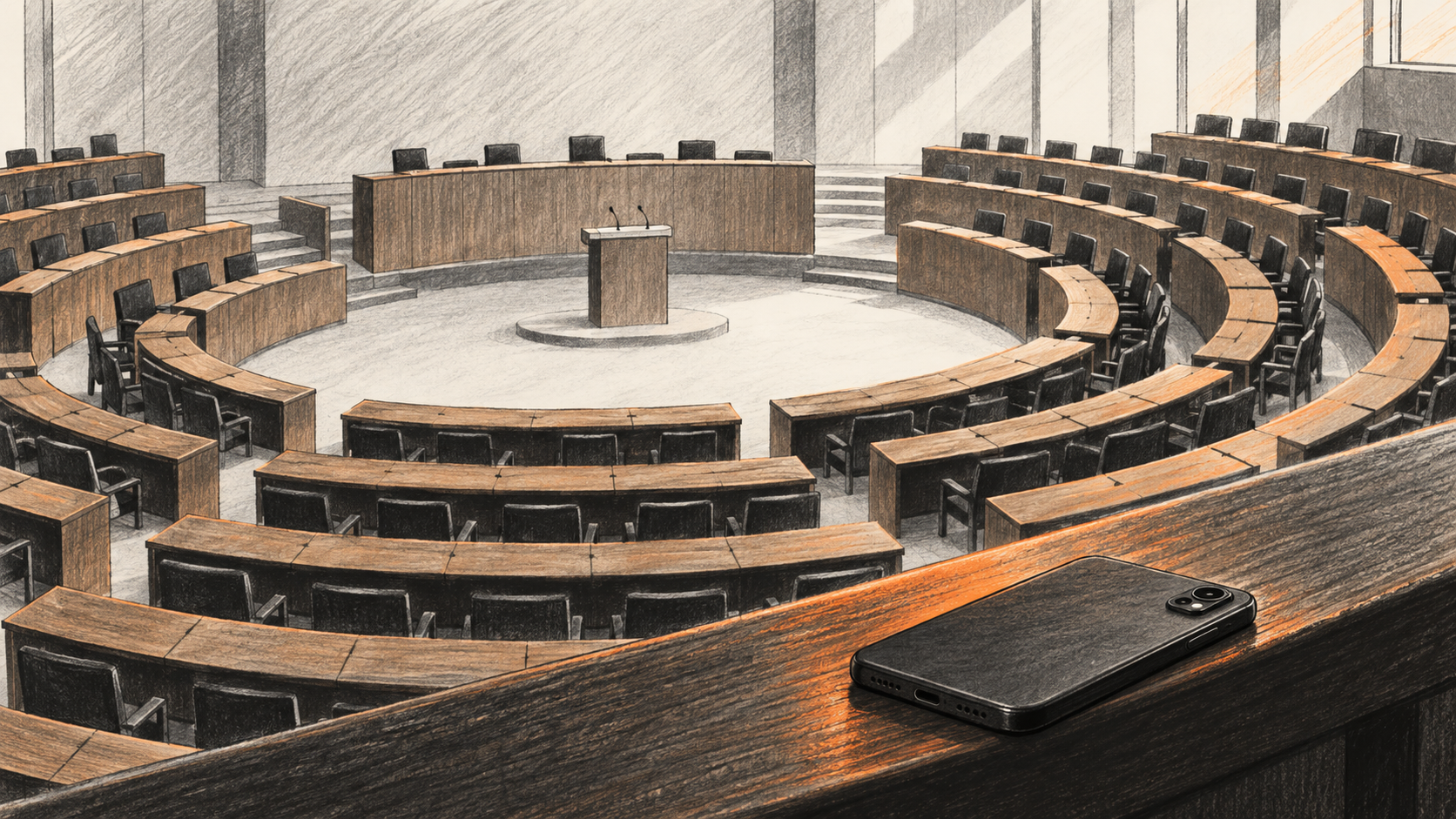 An empty, unmarked parliamentary chamber seen from the gallery, with a face-down smartphone on the wooden rail in the foreground.
