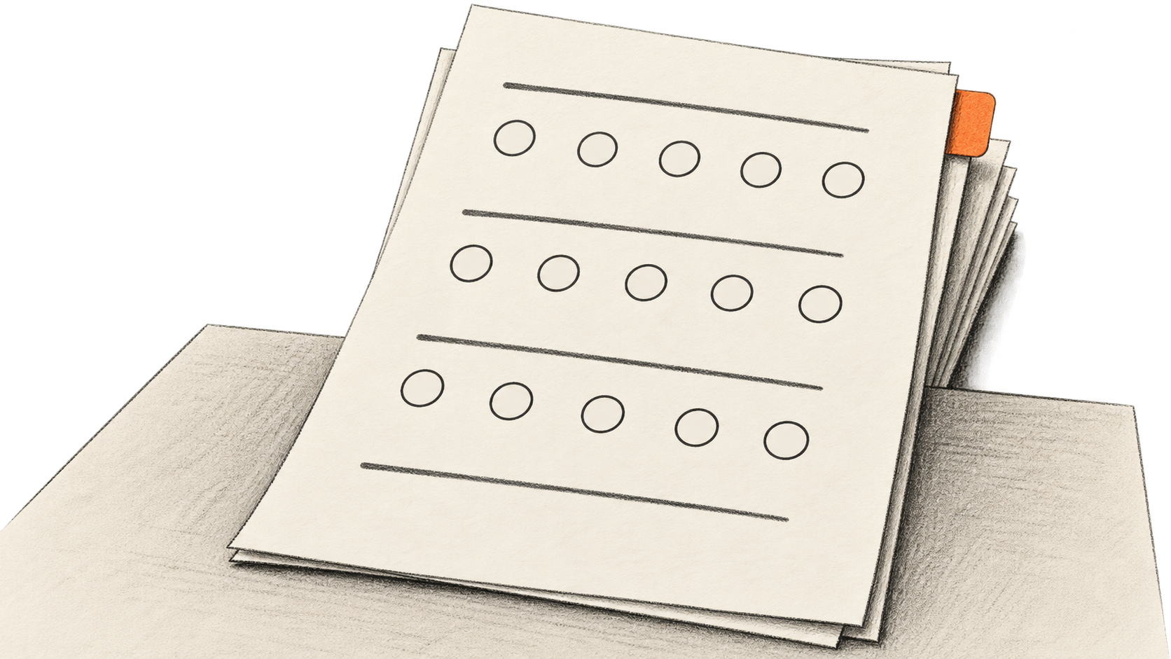 Conceptual charcoal illustration of a blank, anonymous survey form with empty response circles resting on a stack of paper.