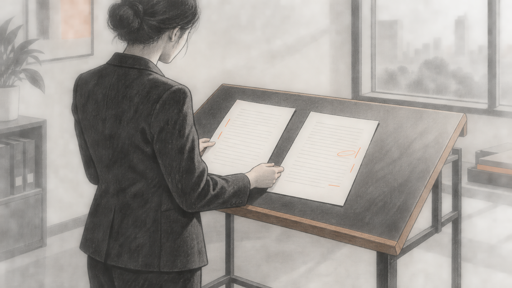 Conceptual charcoal illustration of one anonymous reviewer comparing two blank ruled draft pages with orange margin marks at an angled table.