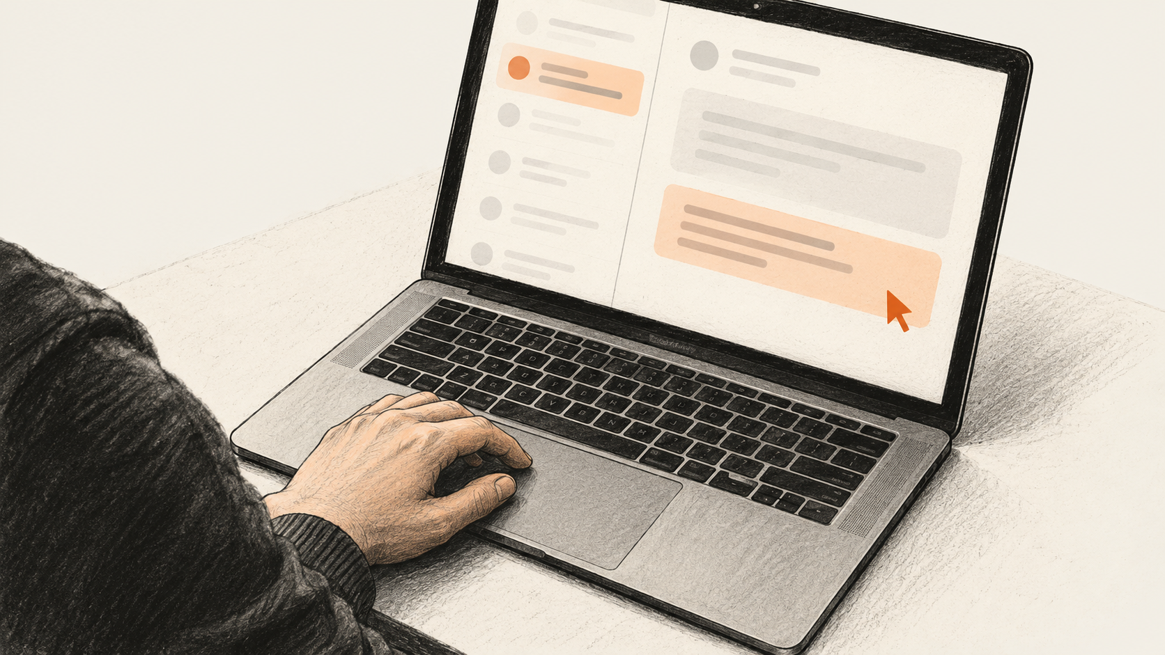 Conceptual charcoal illustration of one person's hand paused on a laptop trackpad while an unbranded, unreadable message and proposal appear on its screen.