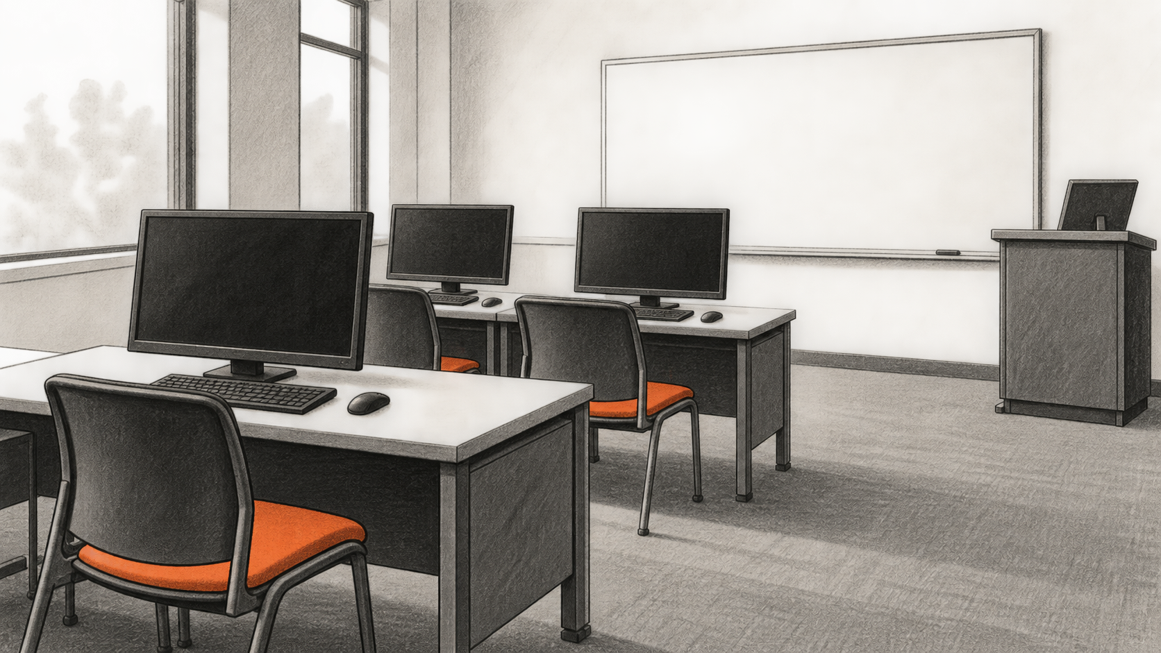 An empty computer training room with dark desktop monitors, chairs and a blank teaching board.