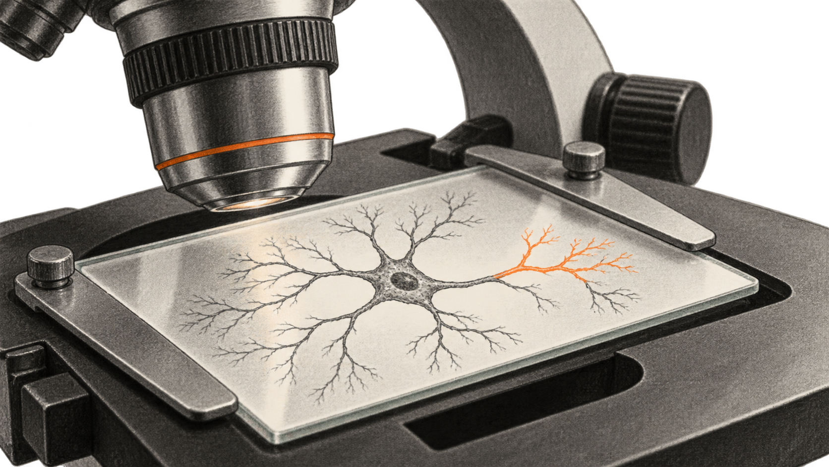 Conceptual charcoal illustration of a branching biological neuron drawn on a microscope slide, with one branch accented in orange beneath a microscope objective.