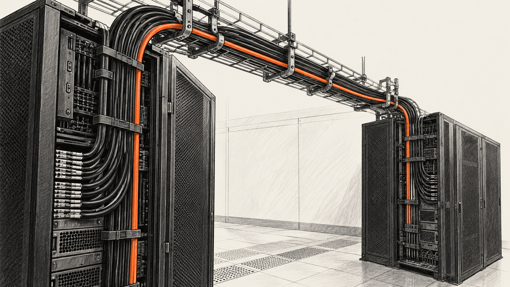 Conceptual charcoal illustration of two generic equipment racks linked by a supported overhead cable tray, with one orange cable among dark bundles.
