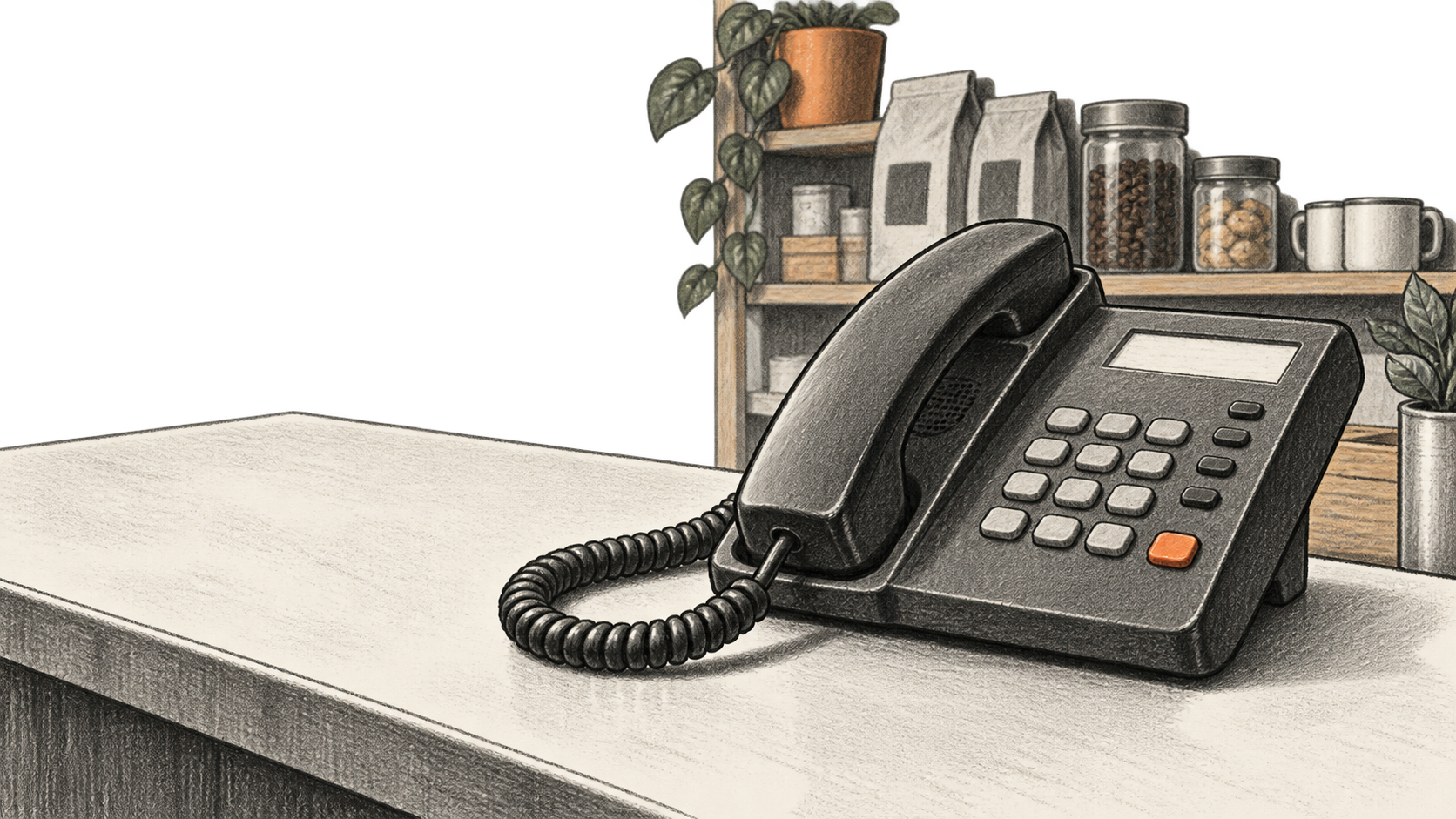 A charcoal illustration of a corded business telephone resting on a shop counter, with shelves behind it.
