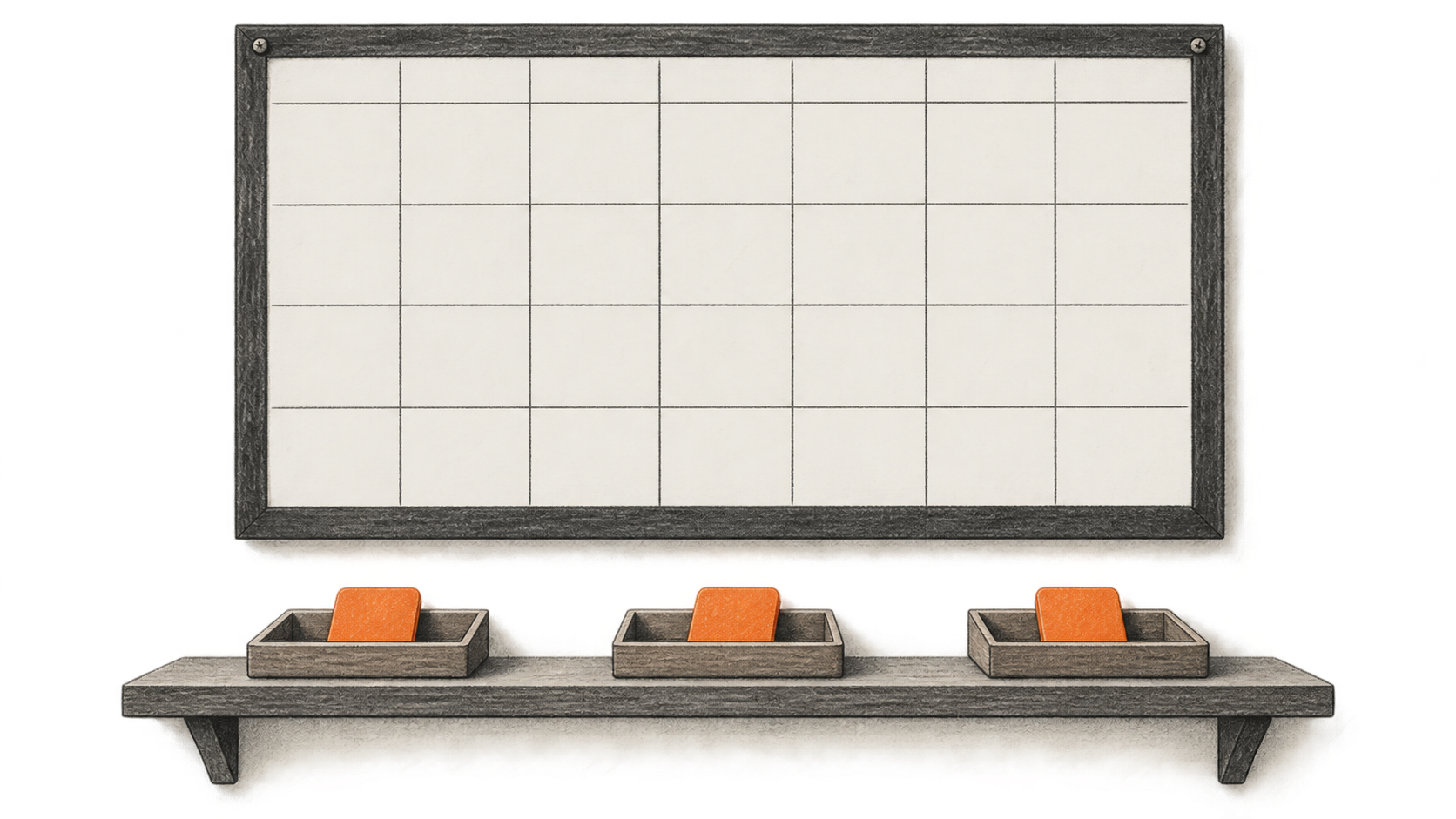 Three blank orange schedule tiles sit in separate wooden trays below an empty shared wall calendar.