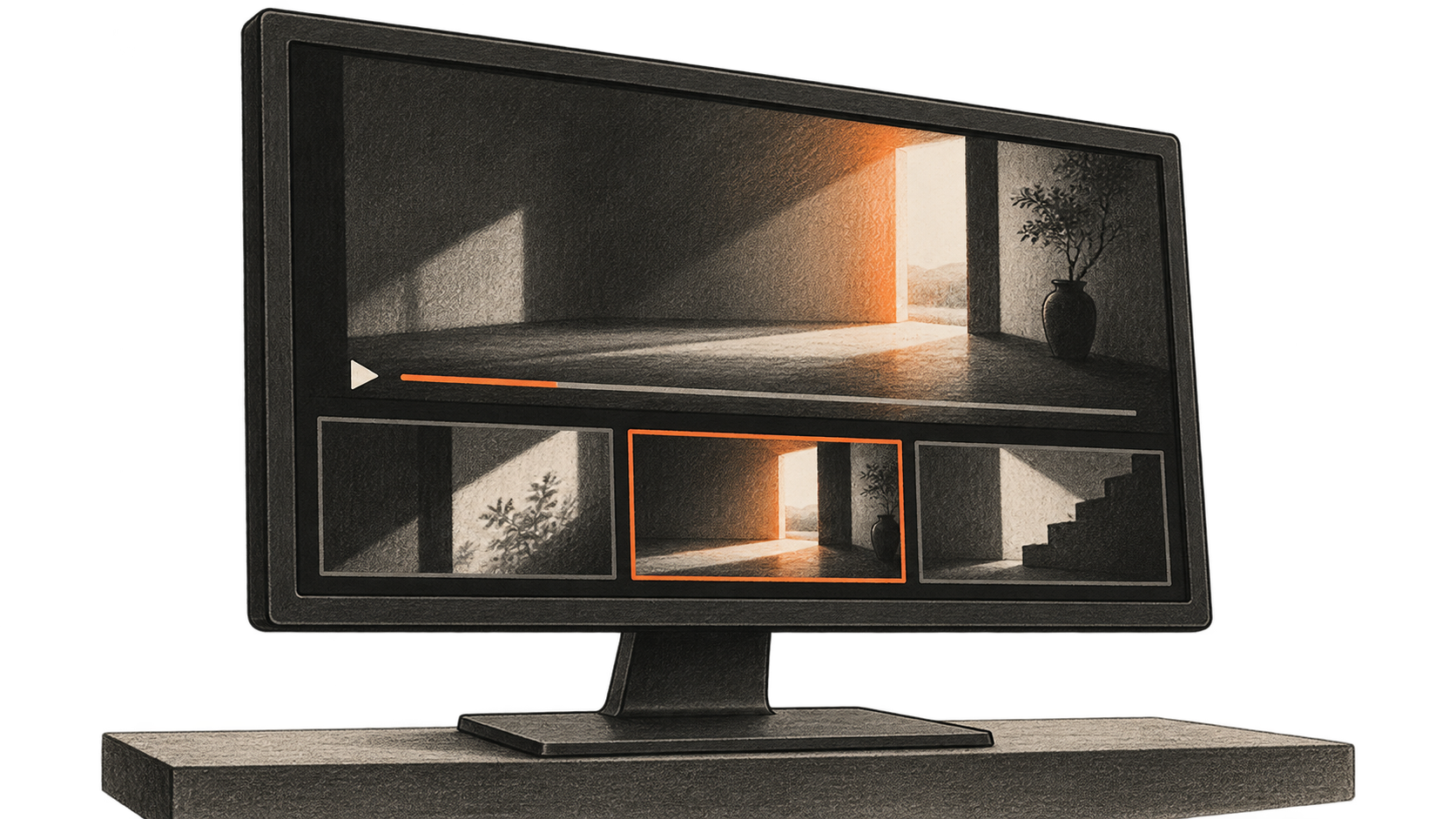 Conceptual charcoal illustration of an unbranded monitor showing three separate video clip stills beneath one larger playback frame, with the middle clip outlined in orange.