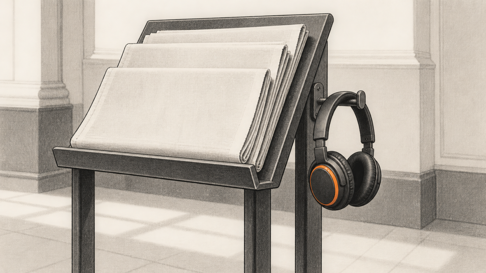 Conceptual charcoal illustration of folded newspapers on a reading stand with over-ear headphones hanging from its side.