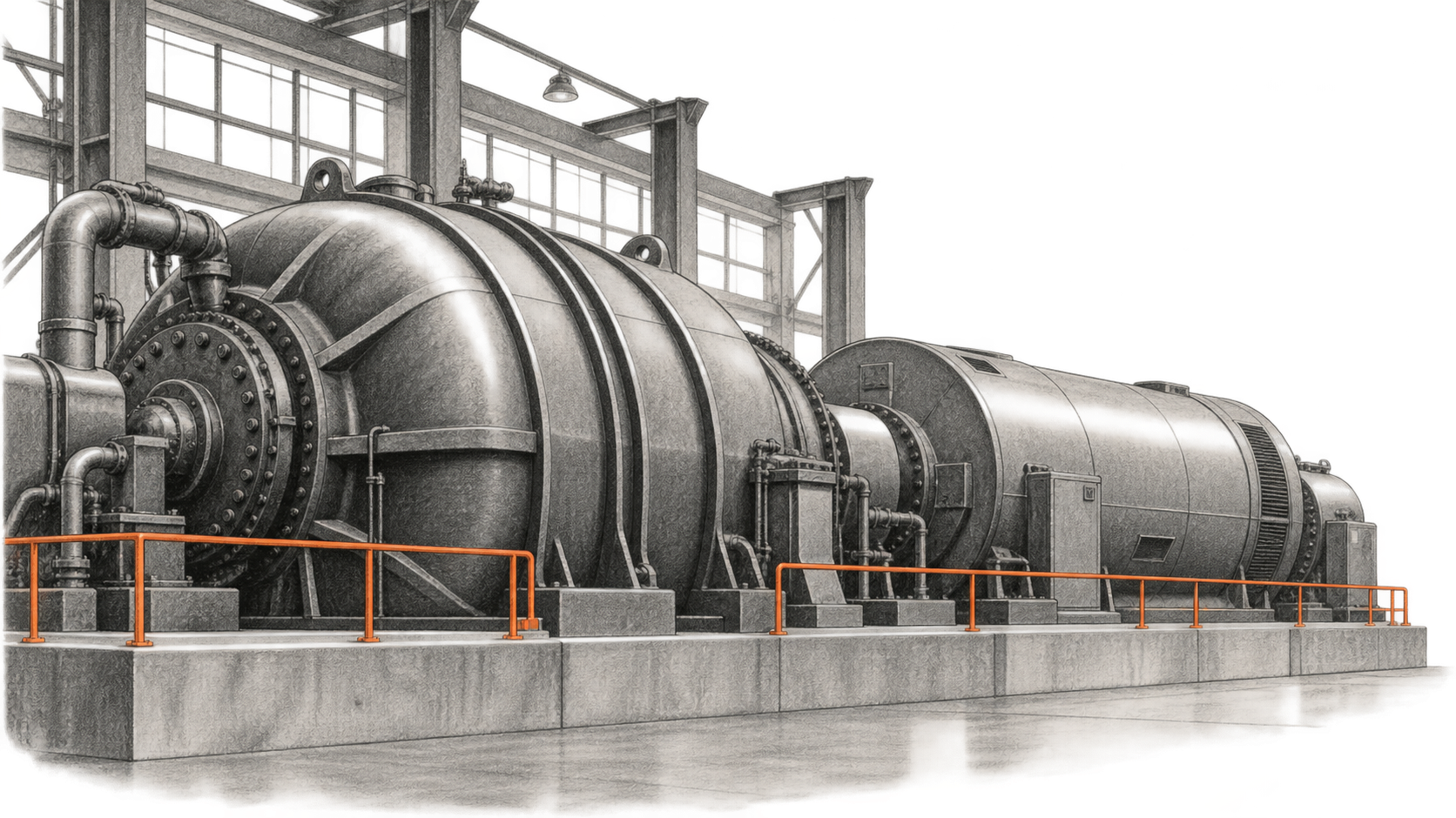 Conceptual charcoal illustration of a large turbine-generator train on a concrete plinth in an industrial hall, behind an orange safety rail.