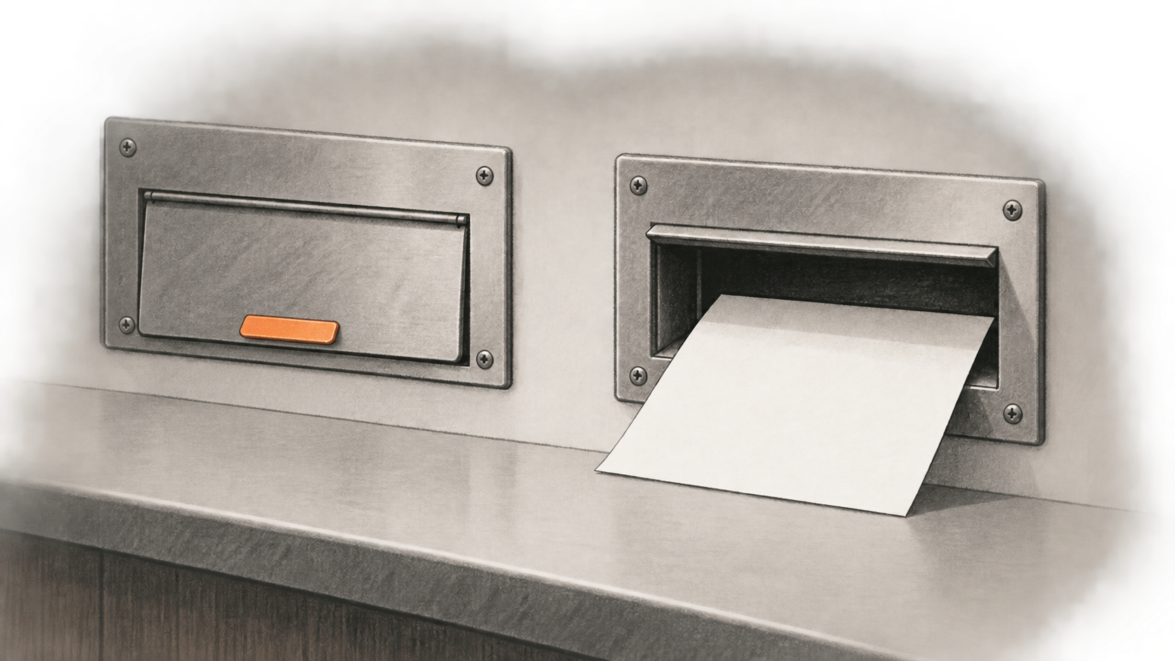 Conceptual charcoal illustration of two wall-mounted report slots: one shutter is closed, while a plain sheet rests in the other open slot.