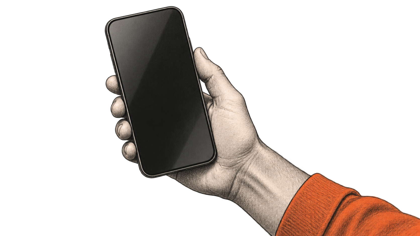 Conceptual charcoal illustration of one hand holding a blank-screen smartphone, with an orange sleeve at the wrist.