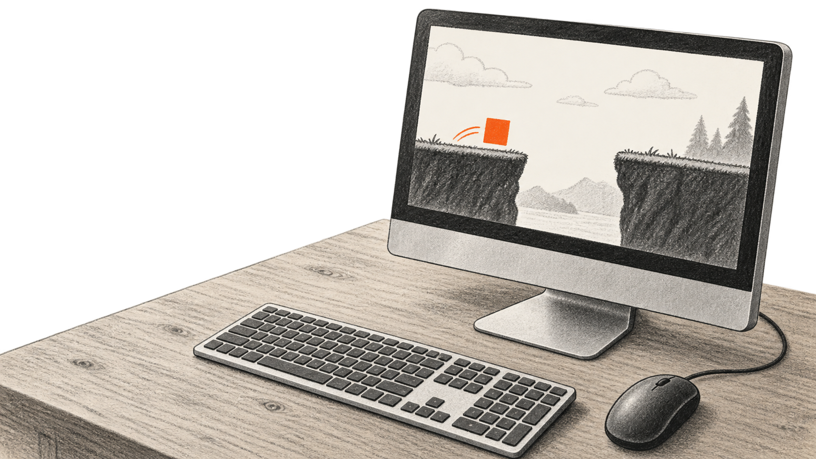 Conceptual illustration of a desktop computer showing a simple two-platform game, with a keyboard and mouse on the work surface.