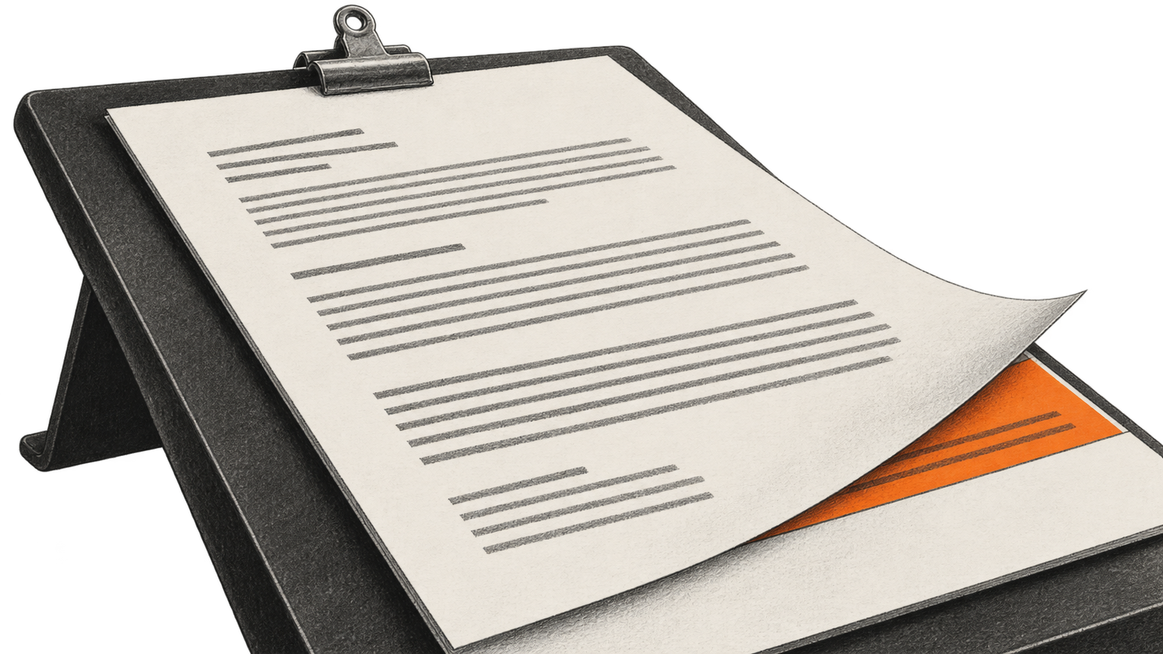 Conceptual charcoal illustration of a printed policy page on an inclined reading stand, its lower corner lifted to reveal a small orange amendment.