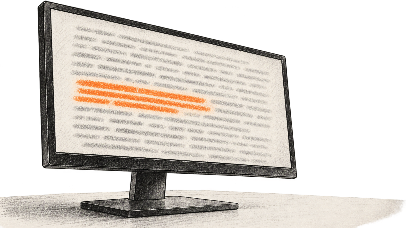 Monitor showing unreadable text and orange passage.