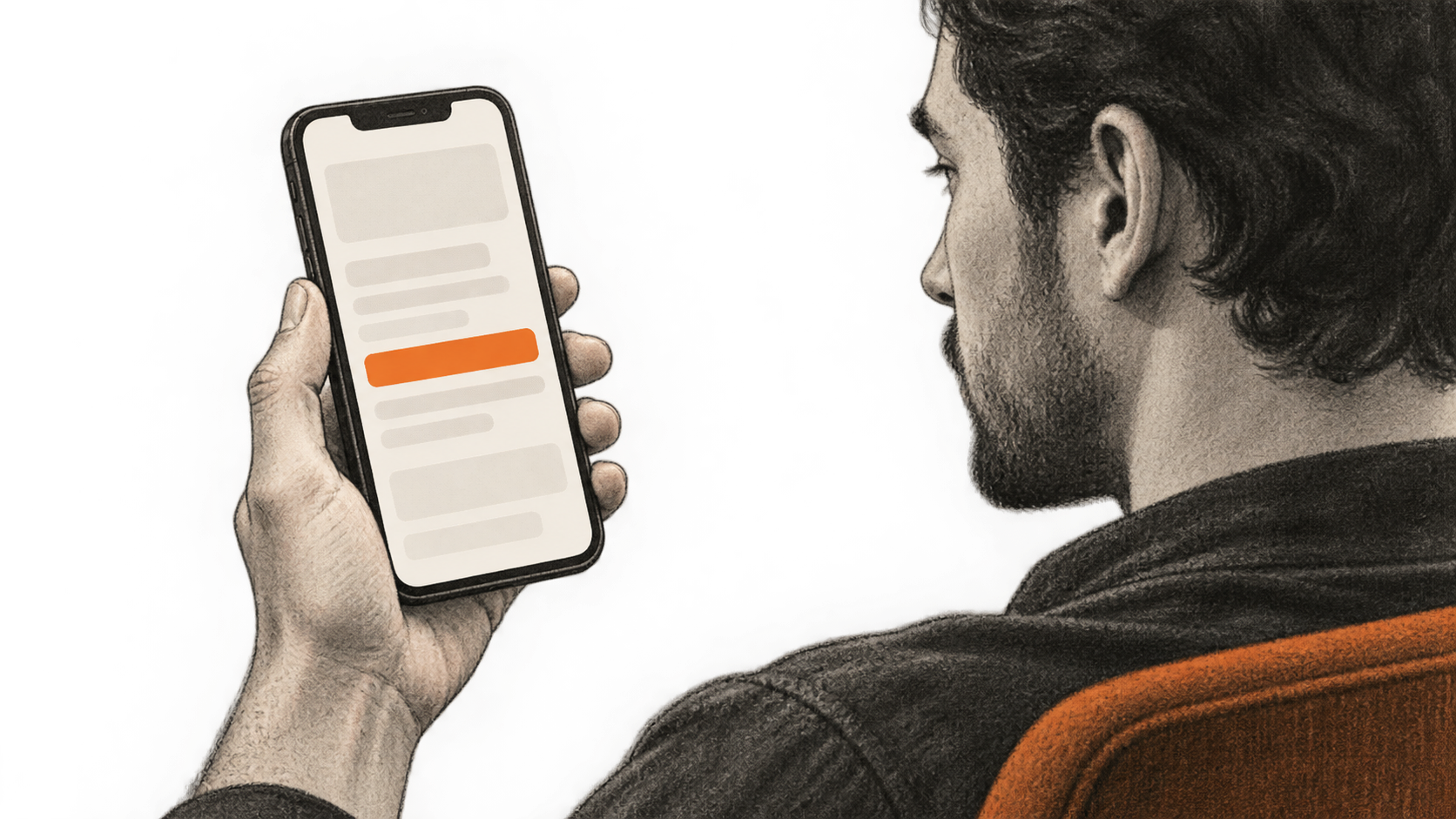 Conceptual charcoal illustration of one person viewing an unbranded phone with blank search-page shapes and an orange band.