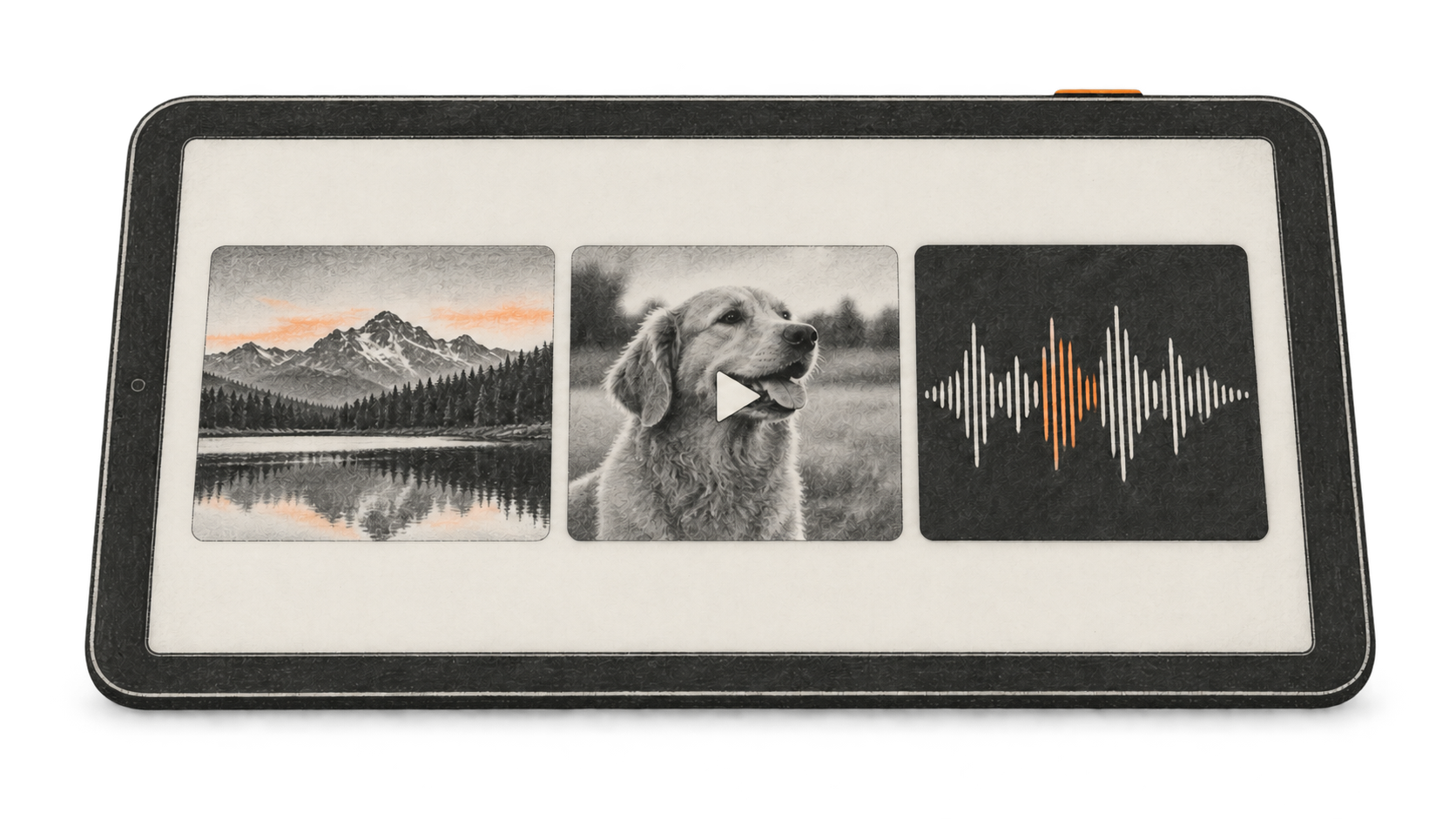 Conceptual charcoal illustration of a tablet displaying generic image, video and audio previews.