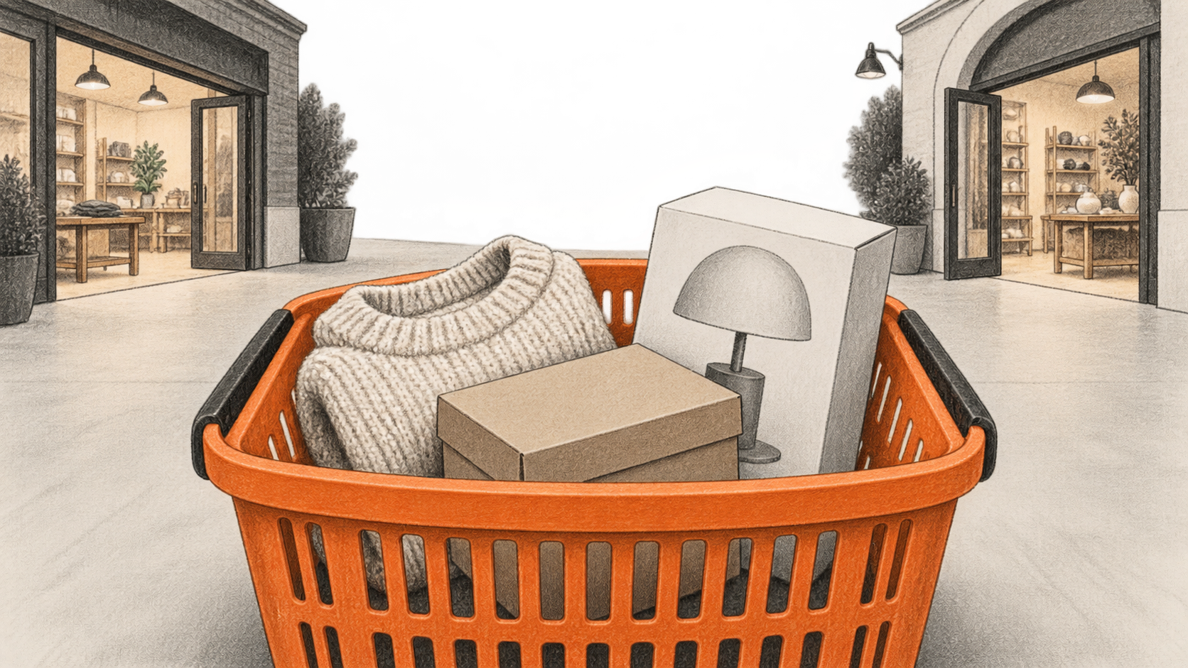 Conceptual charcoal illustration of an orange shopping basket holding a sweater, shoebox and lamp box, with two unbranded shop entrances behind it.