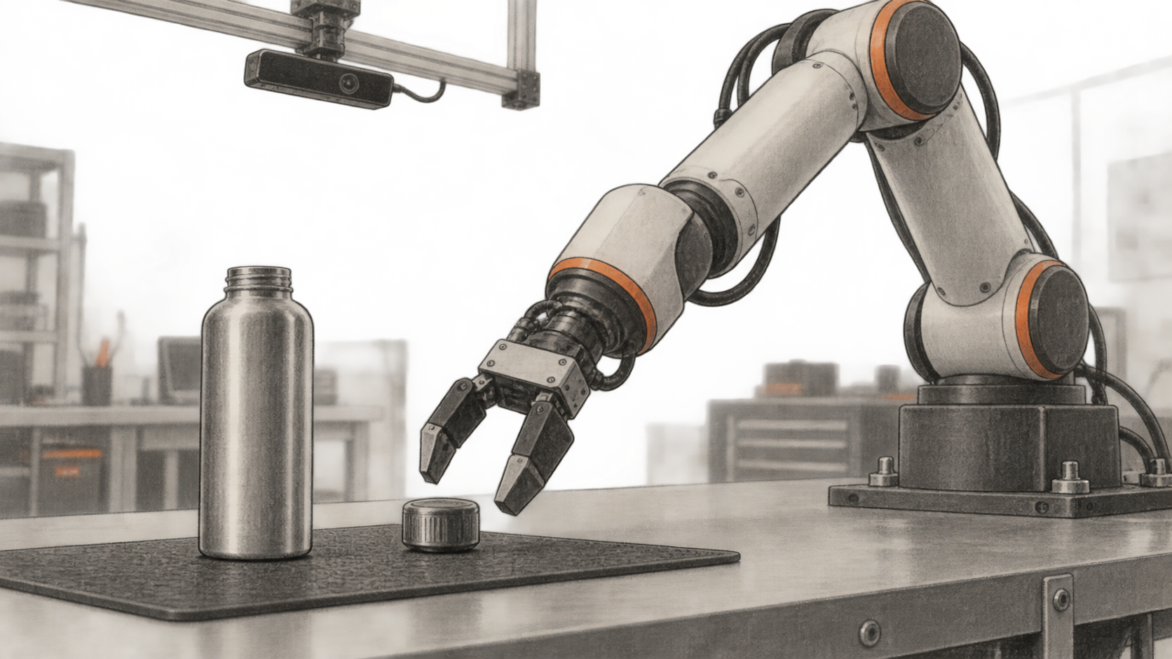 A conceptual robot arm reaches toward a bottle cap on a workbench beneath a mounted camera.