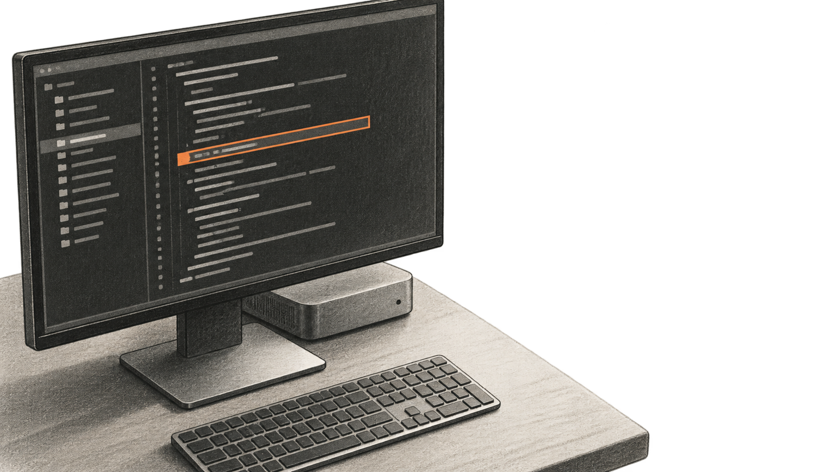 Conceptual charcoal illustration of an unbranded computer showing abstract configuration lines with one orange highlighted row above a keyboard.