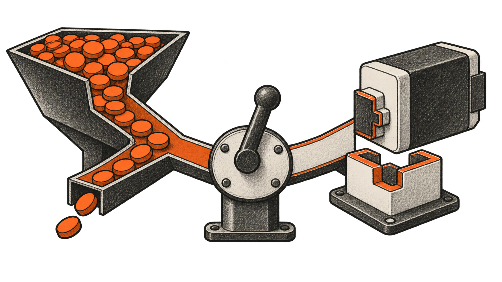 Orange token discs flow from a hopper toward a central switch, with a separate charcoal-and-ivory cartridge aligned to an orange-edged adapter.