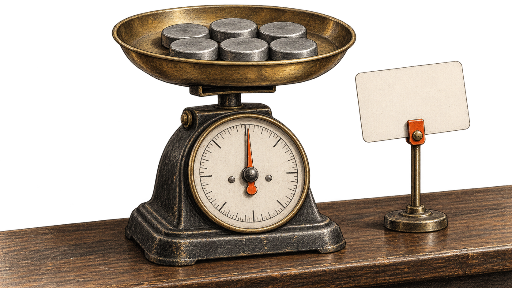 Six identical metal tokens sit in a brass tray on a vintage shop scale beside a blank price tag on its own metal stand.