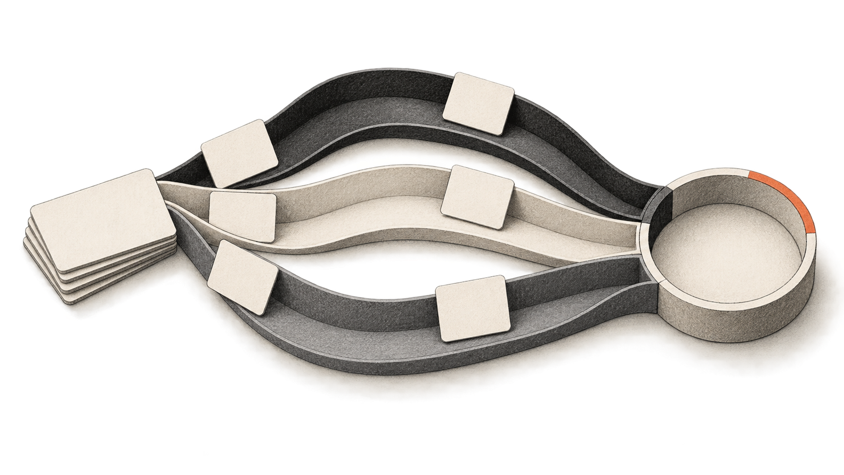 Conceptual charcoal illustration of blank task cards entering three equal, distinct channels that converge at an empty circular checkpoint.