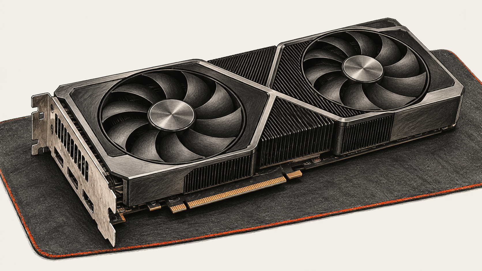 Conceptual charcoal illustration of one unbranded dual-fan graphics card resting on a dark work mat, with its metal bracket and gold edge contacts visible.