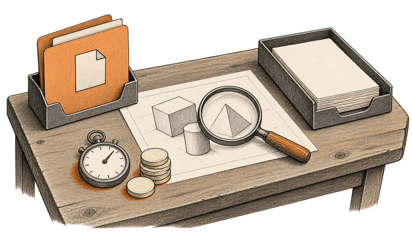 Hand-drawn workbench with a task folder, an inspected drawing, a document tray, a stopwatch and tokens.