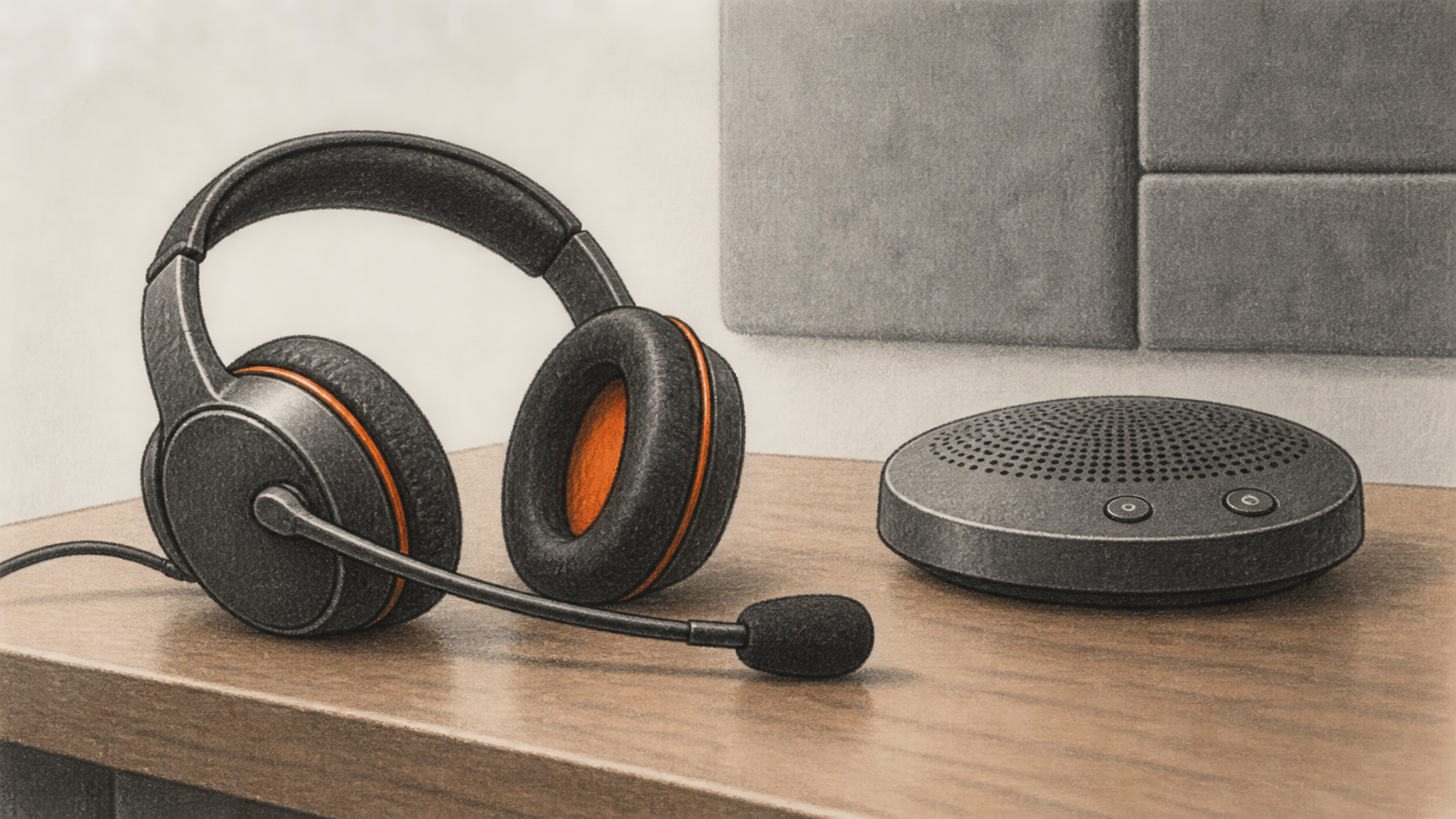 Conceptual charcoal illustration of an unbranded call headset and tabletop speakerphone in a sound-treated room.