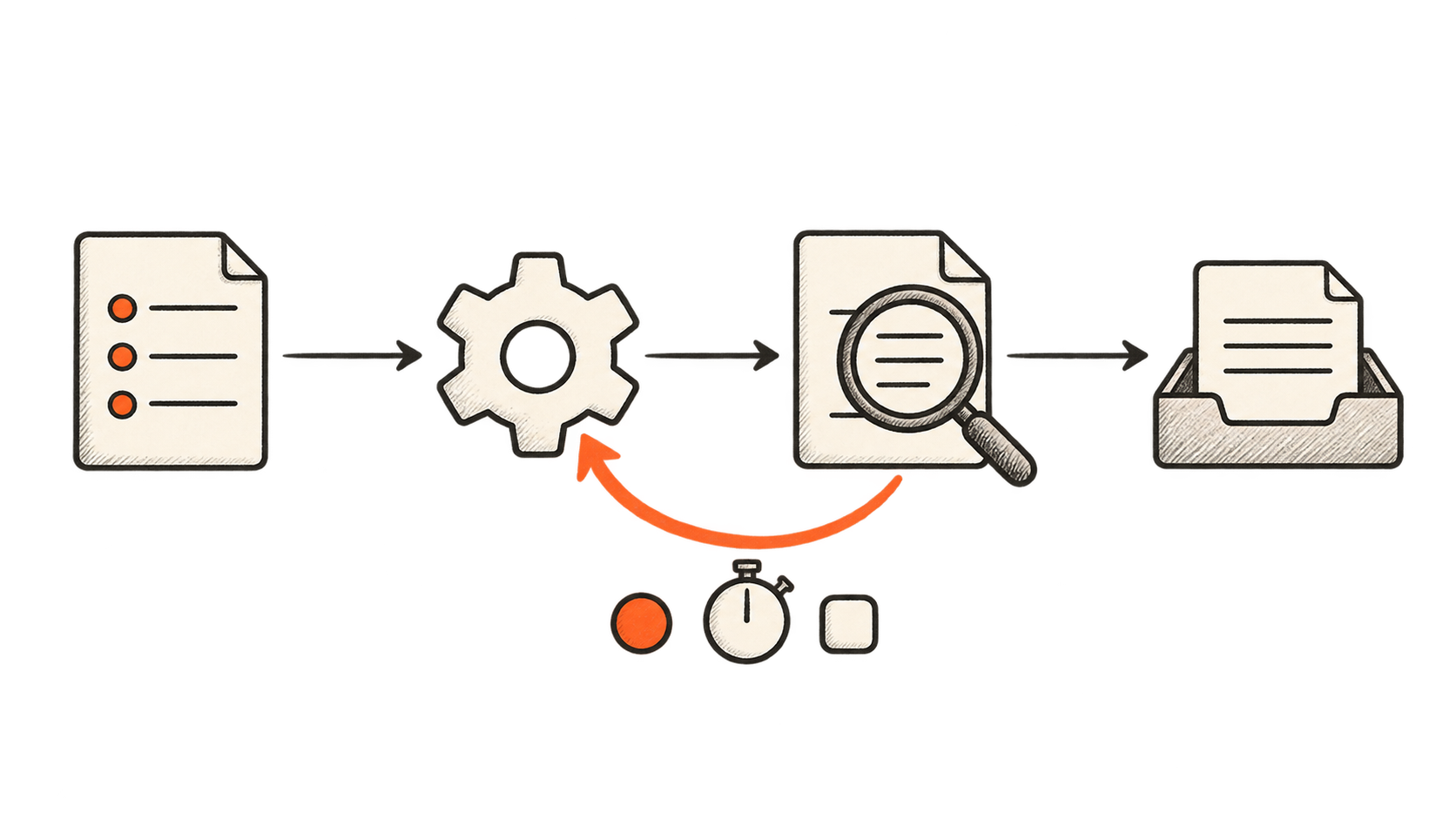 Sketch of a task passing through model work and validation to delivery, with a retry arrow returning from validation to model work.
