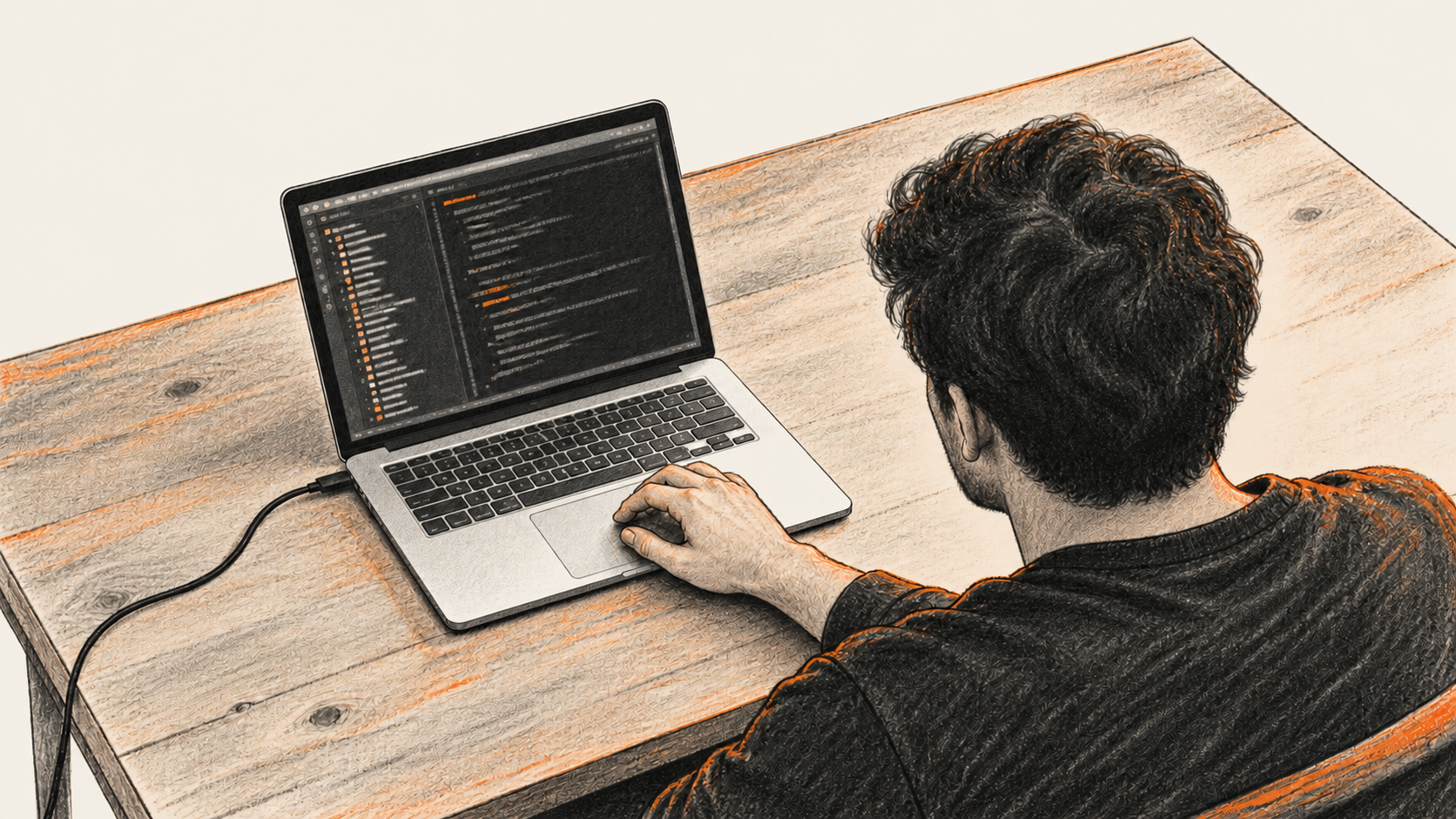 Conceptual charcoal illustration of a developer viewing a generic project file tree on a laptop at a worktable.