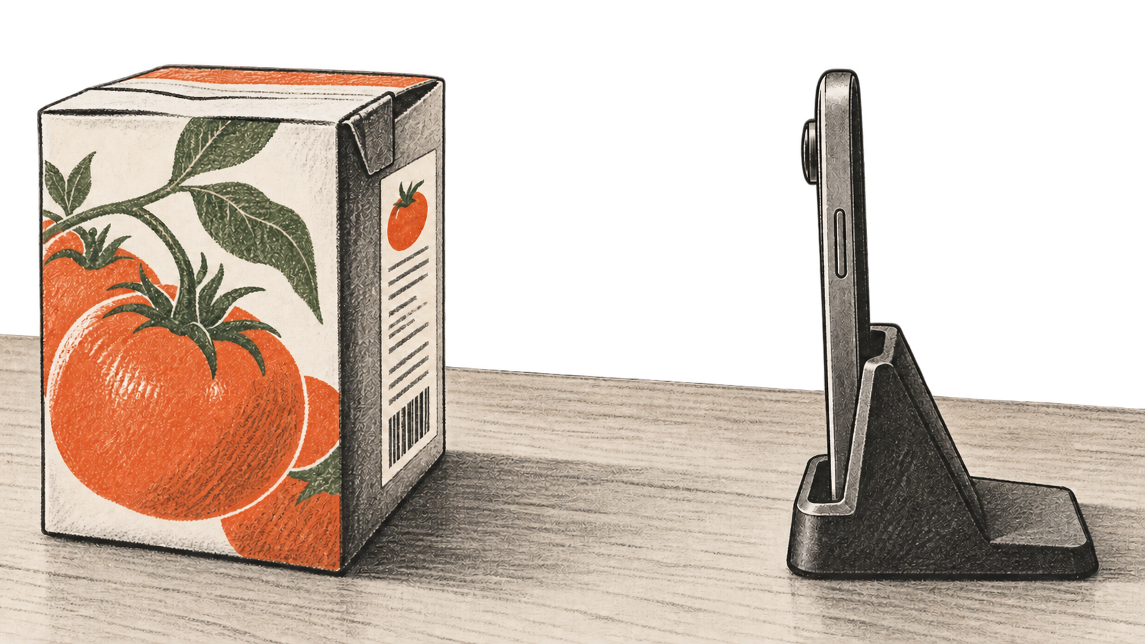 Conceptual charcoal illustration of a small food-carton label facing the rear camera of an edge-on smartphone in a tabletop cradle.