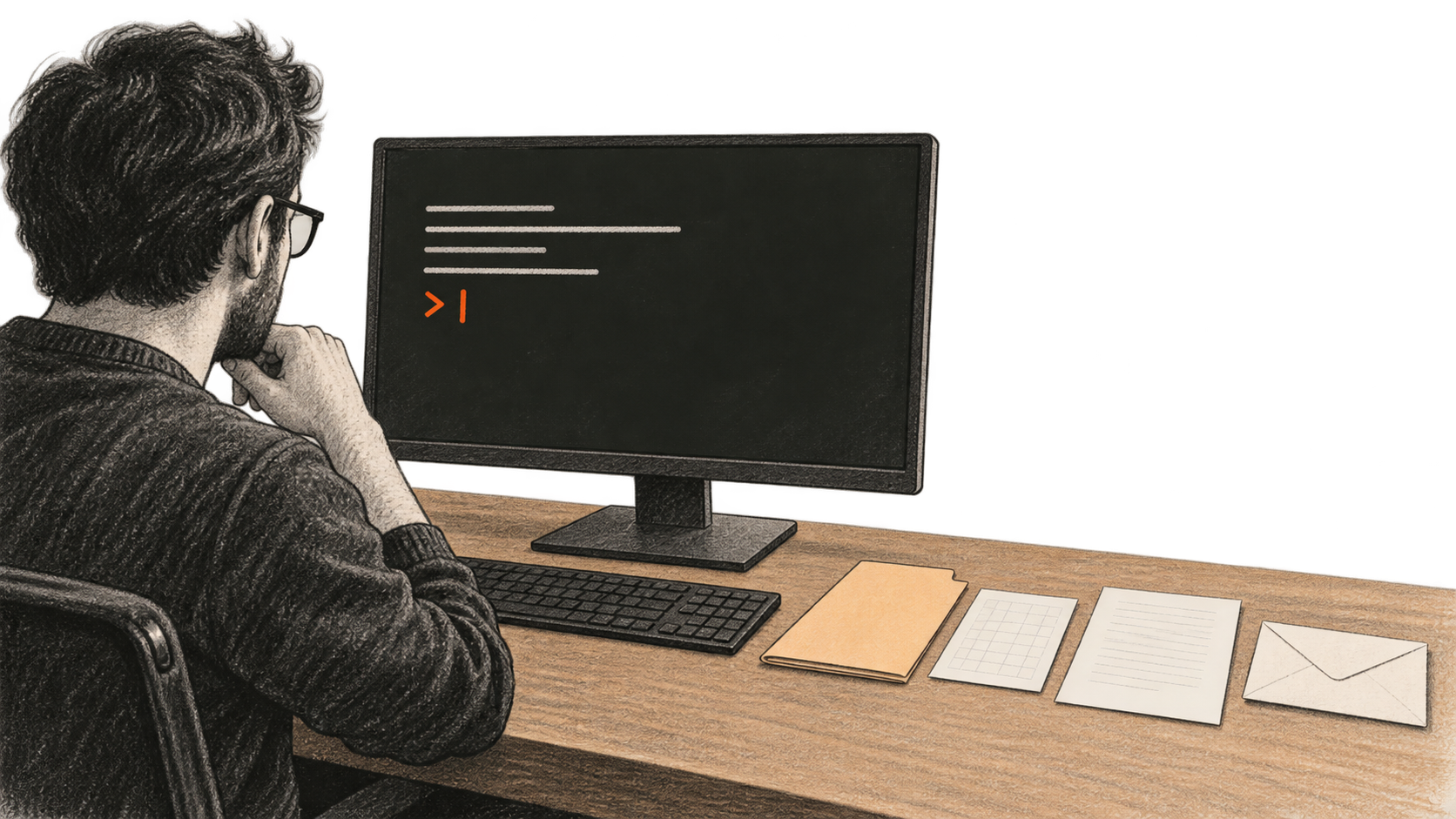 Conceptual charcoal illustration of one person studying abstract command lines on a desktop monitor, with a plain folder, grid sheet, document and sealed envelope on the table.