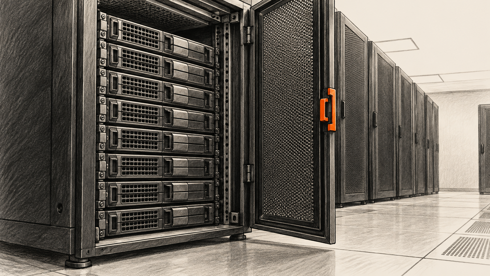 Conceptual charcoal illustration of an open, unbranded storage cabinet in a generic data-centre aisle.