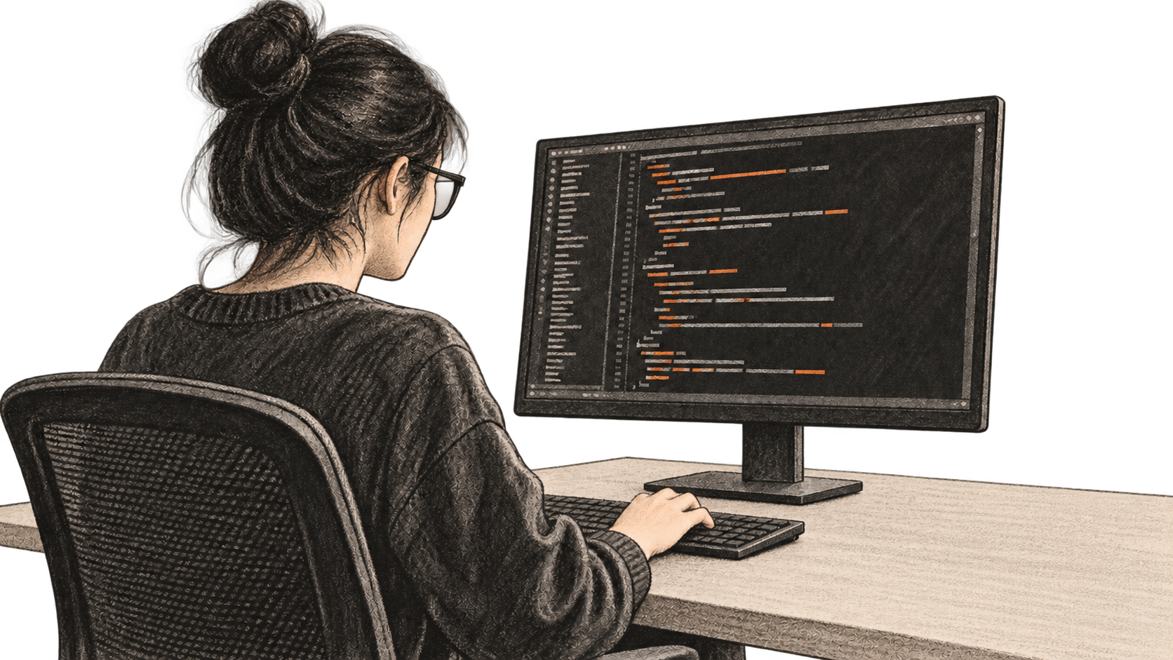 Conceptual charcoal illustration of one person working at a computer with generic code-like marks on the monitor.