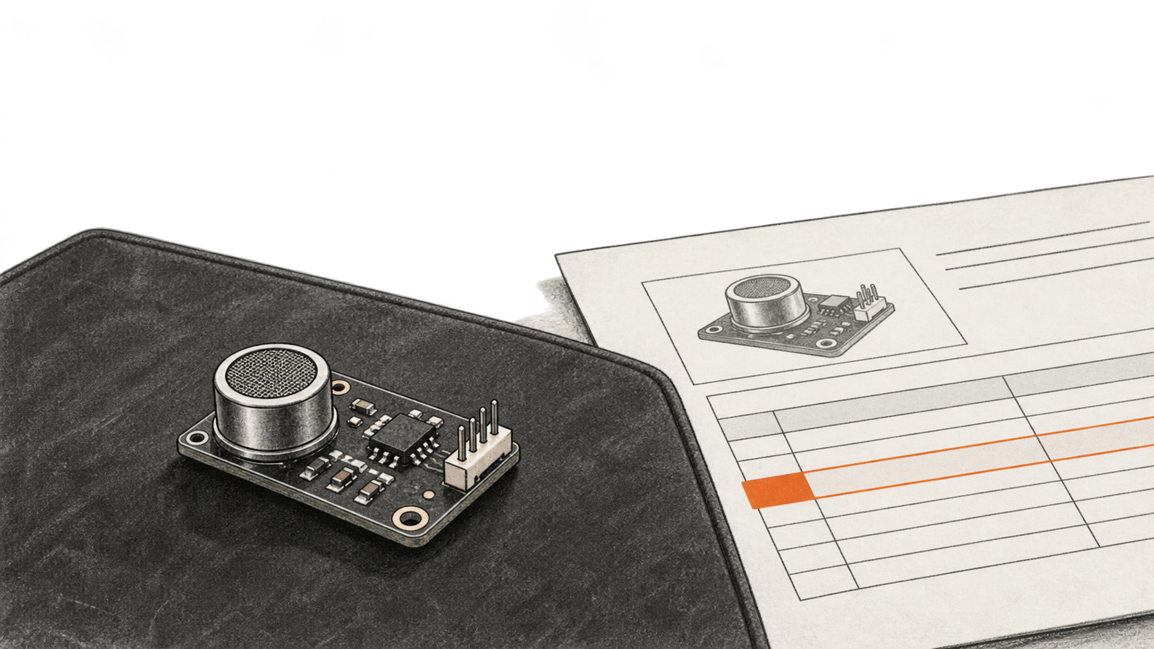 Conceptual charcoal illustration of an unbranded electronic sensor module beside a datasheet table with one orange-highlighted row.