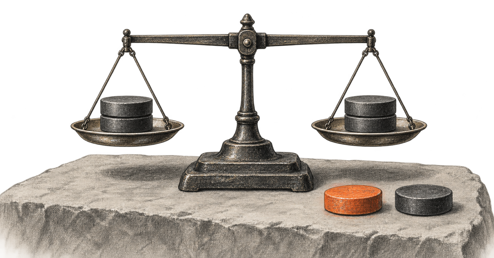 Conceptual charcoal illustration of a level two-pan balance with matching stacks of blank weights and two loose discs, one orange, resting beside its base.
