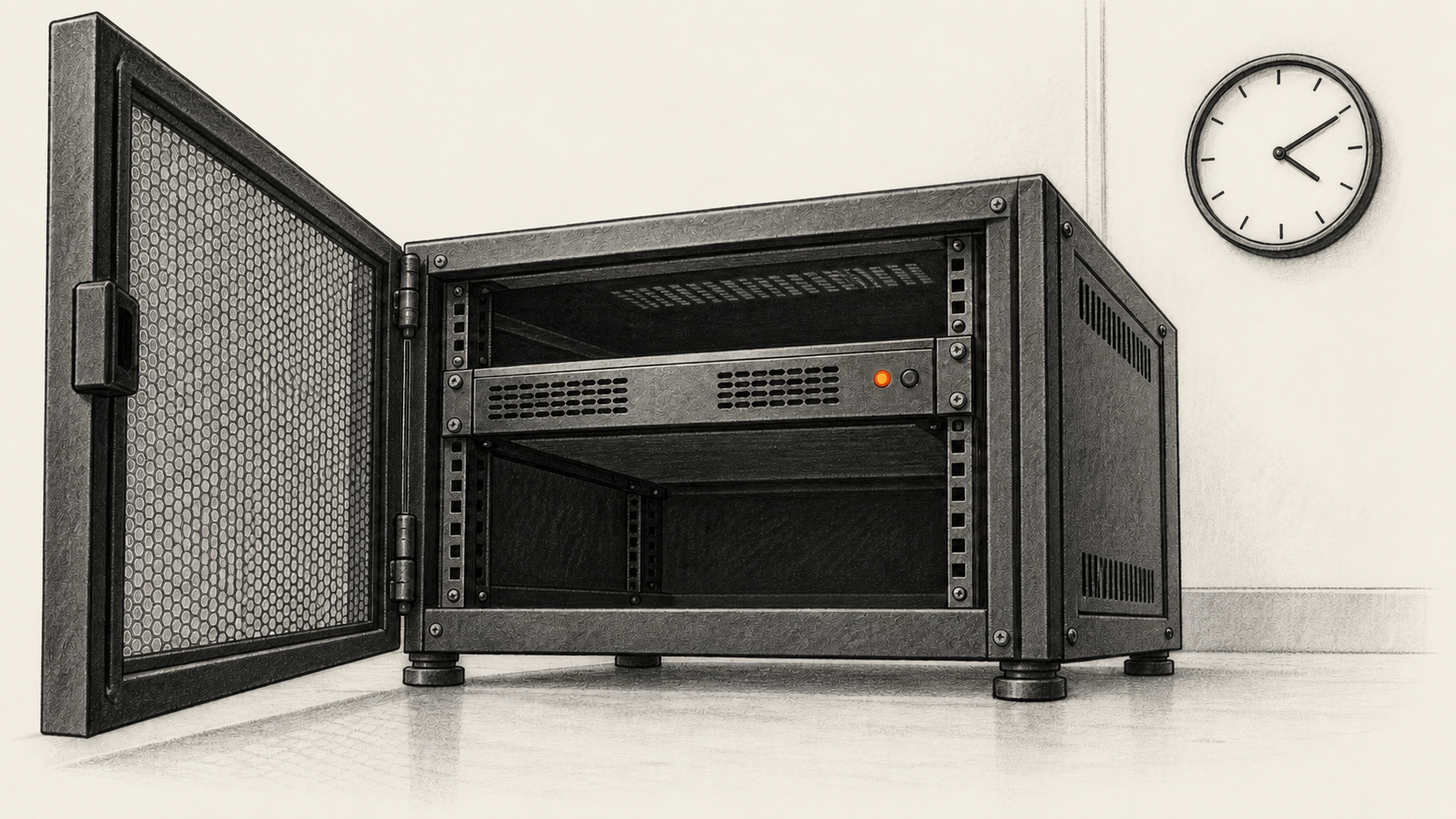 AI-generated conceptual charcoal illustration of a rackmount computer behind an open mesh cabinet door, with a small clock on the wall.