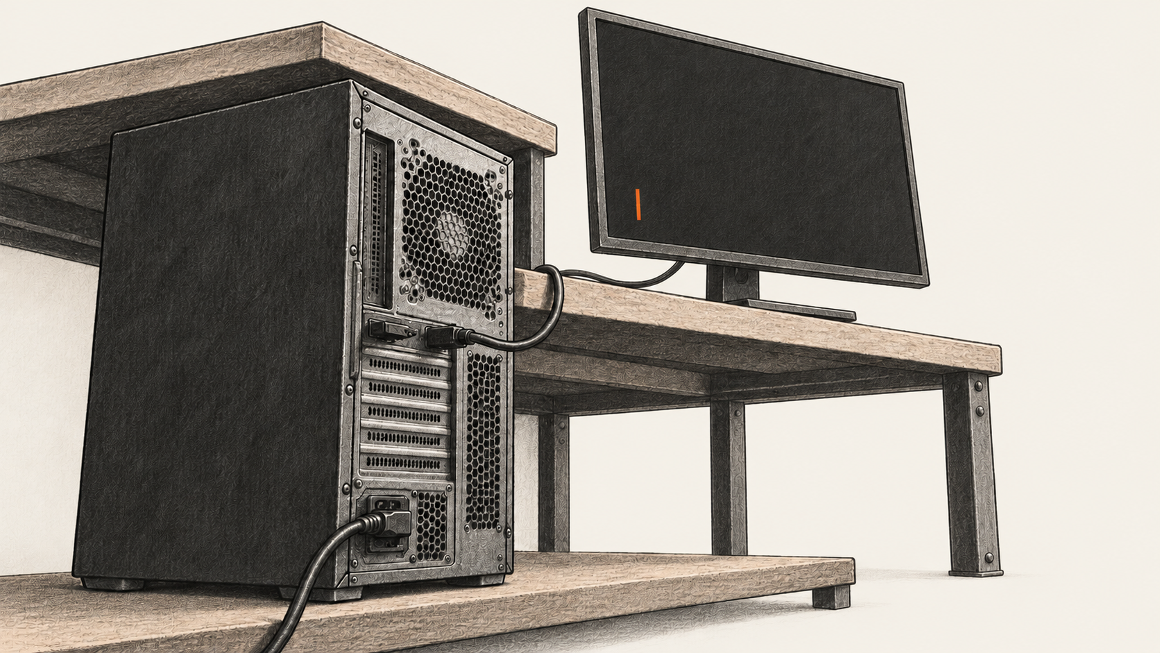 Conceptual charcoal illustration of an unbranded computer tower on a shelf beneath a bench, connected to a mostly blank monitor with one orange caret.